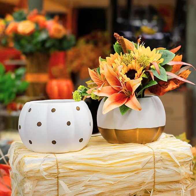 Holiday Designs - 6.5 Inch Pumpkin Planter Pots, Set of 12 Matte Ceramic Pumpkin Pottery for Fall Flowers, Succulents, Halloween & Thanksgiving Decor (White & Gold, 6.5" D)