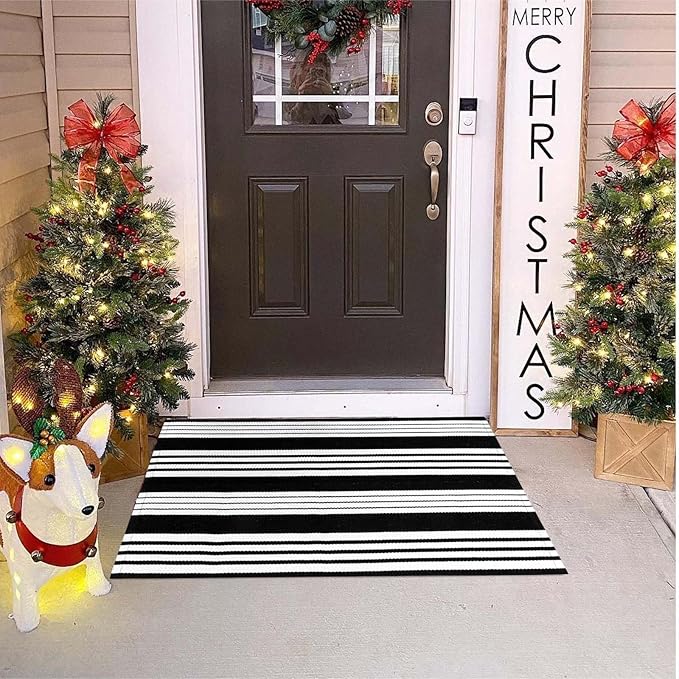 OJIA Front Door Mats Outdoor 27.5x43 Inches, Black and White Outdoor Rugs Cotton Woven Front Door Rug Machine Washable Layered Doormats for Porch/Farmhouse/Kitchen/Entryway/Patio Decor