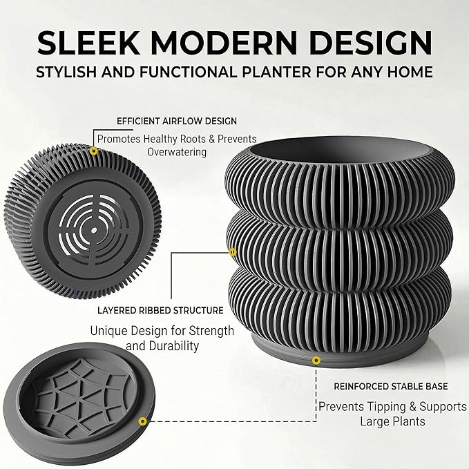 Fabix 4.7/6" 3D Printed Plant Pots - Unique Bubble Ring Modern Planters for Indoor Plants, Durableo-Friendly PLA Flower Pots with Drainage for Succulents, Cactus, Home Office Décor.(Black)