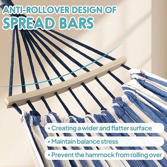 Anyoo Garden Cotton Hammock Comfortable Fabric Hammock with Spreader Bar Sturdy Hammocks Up to 450lbs Portable Lightweight Hammocks with Travel Bag for Camping Outdoor/Indoor Patio Backyard