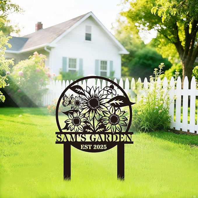 Personalized Metal Garden Sign, Custom Sunflower Decor with Stake, Metal Yard Art, Garden Name Sign,Outdoor Decor,Patio Decoration,Home Present,Gardeners & Planters Gift