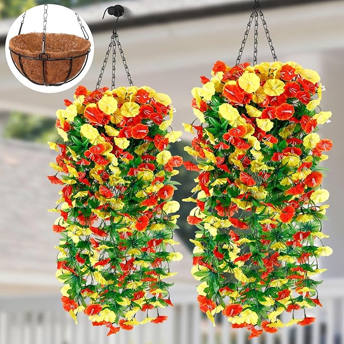 Hotop 2 Set Artificial Hanging Flower Basket and 6 Pcs Bougainvillea Silk Vine Flower for Outdoor Indoor UV Resistant Faux Hanging Plant Coconut Lining Planter Pot (Yellow,Orange)