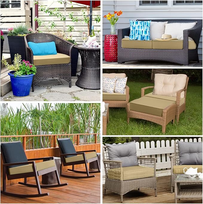 Patio Chair Cushion 20"x20" Waterproof Outdoor Seat Cushions for Patio Furniture Garden Sofa Couch Chair Pads with Handle and Adjustable Straps, 2 Packs, Beige