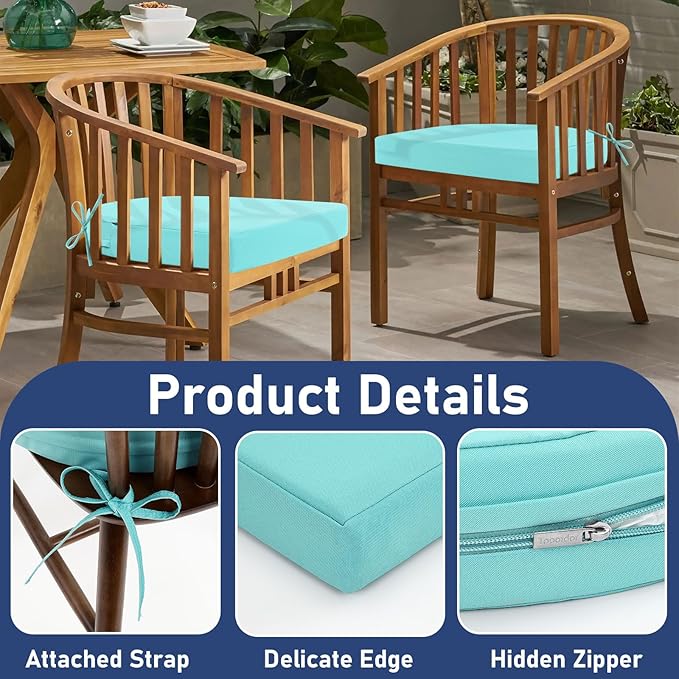 Topotdor Outdoor Chair Cushions Set of 2, 19"x19"x3" Waterproof Patio Chair Cushions for Outdoor Furniture, Round Corner Outdoor Seat Cushions Color Fastness Chair Pads with Ties, Teal