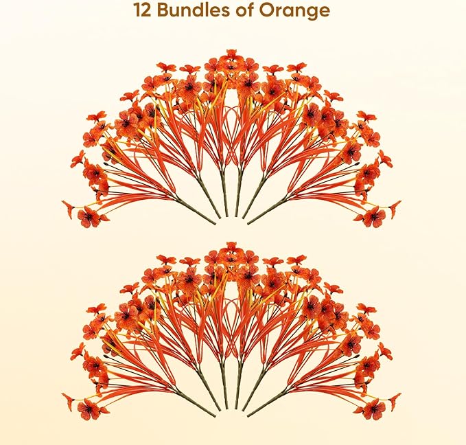Artificial Mums Fall Fake Flowers for Outdoors, 12 Bundles Faux Mums for Outdoor Planters Autumn Decorations,UV Resistant Silk Flowers for Front Porch Garden Patio Home Decor(Sunset Orange-red)