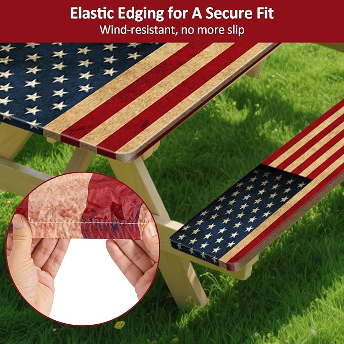 KENOBEE Picnic Table Cover with Bench Covers 6FT 3PCS, Camping Essentials Waterproof Windproof Tablecloth with Drawstring Bag, Fitted Rectangle Tables and Seats, 72", US Flag