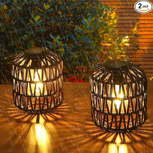 Rattan Outdoor Solar Lanterns, Solar Lights Outdoor Waterproof, 2 Pack Outside Table Lamp, Gardening Lantern Lights Gifts for Women, Hanging Lantern for Yard, Patio, Tree, Tabletop Decoration (Coffee)