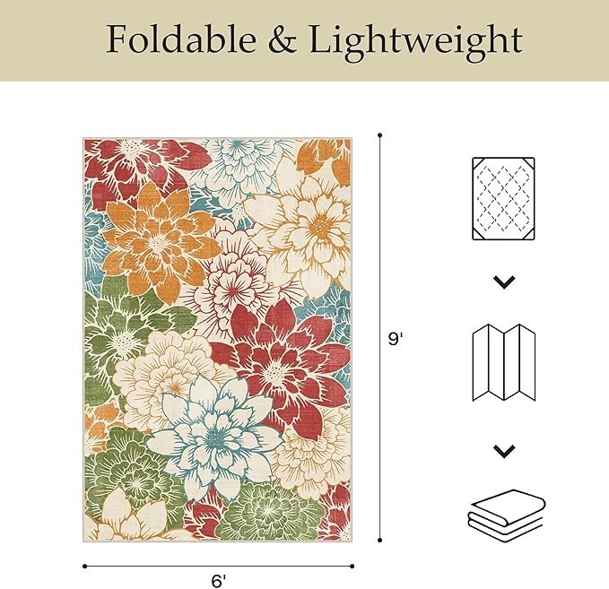 GENIMO Indoor Outdoor Area Rug 6'x9', Machine Washable Rugs for Patio, Waterproof, Non-Slip Easy Cleaning Floral Outdoor Mat Carpet for Living Room, Bedroom, RV, Balcony, Deck, Camping, Red