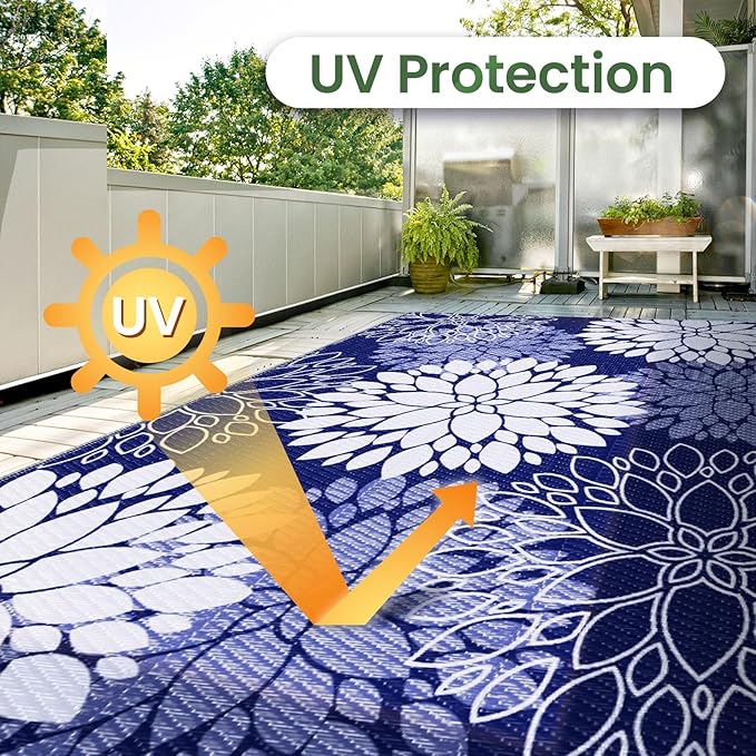 LuxStep Outdoor Rug Waterproof Outdoor Plastic Straw Rug Reversible Patio Rug Mat Outdoor Decor Large Area Mats for RV, Picnic, Backyard, Deck, Balcony, Porch, Beach, Camping, 5' x 8' Blue