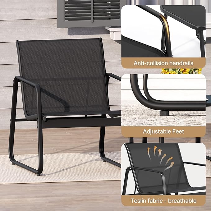 Gizoon Patio Chairs Set of 2, Patio Fumiture Set with Metal Fframe Glass Table, Outdoor Chairs Set of 2 for Balcony Bistro Table and Chair Set for Lawn, Black
