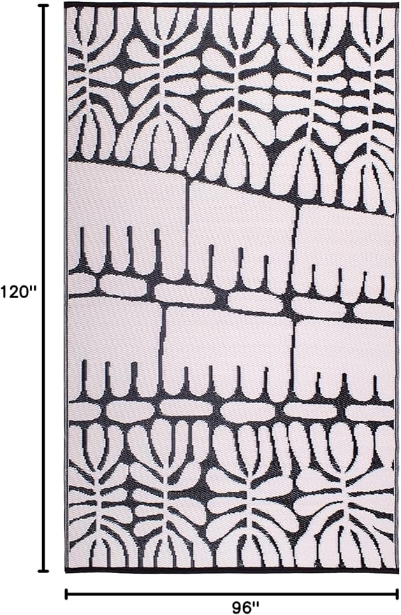 Fab Habitat Tribal Matisse Outdoor Rug - Waterproof, Fade Resistant, Crease-Free, Reversible - Premium Recycled Plastic - Patio Porch Balcony Deck - Serowe Blackwhite - 8x10 ft