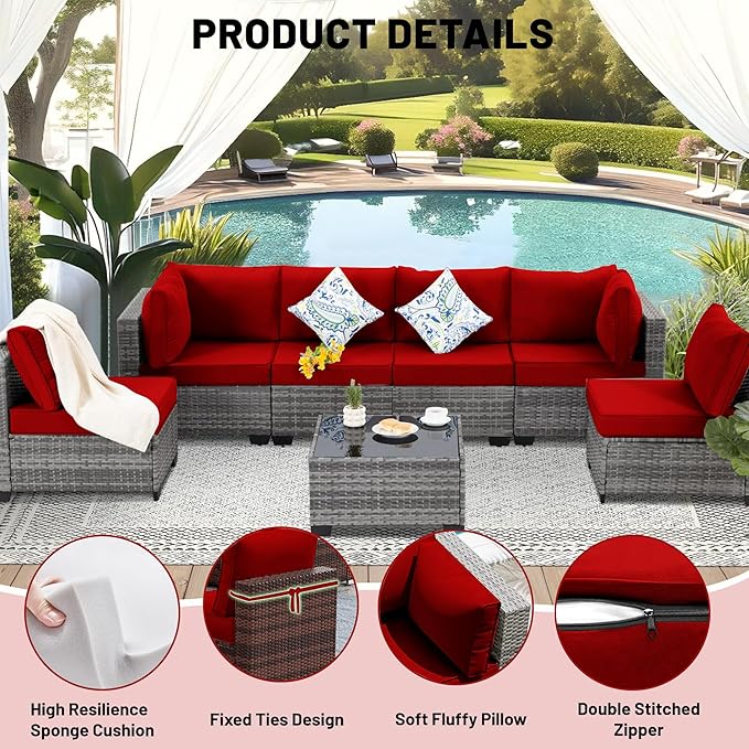 14 Piece Outdoor Sectional Cushions, Water-Resistant Outdoor Sofa Cushions Replacement, 4" High Density Foam Patio Furniture Cushions Fits 6-seat Rattan Conversation Set (Red)