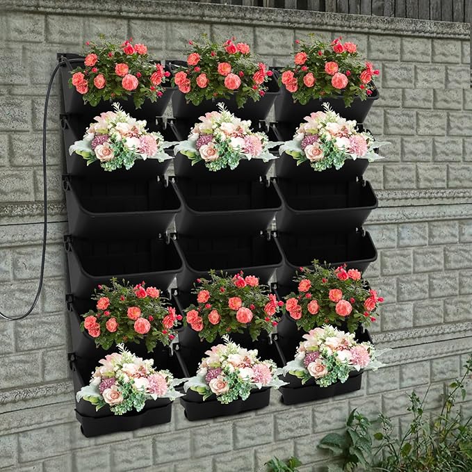 18 Pots Vertical Garden Wall Planter, Self-Watering Vertical Plant Wall Mounted Flower Pots with Timer & Drain Hose, Plant Vegetable Hanging Pocket Holder (Black)