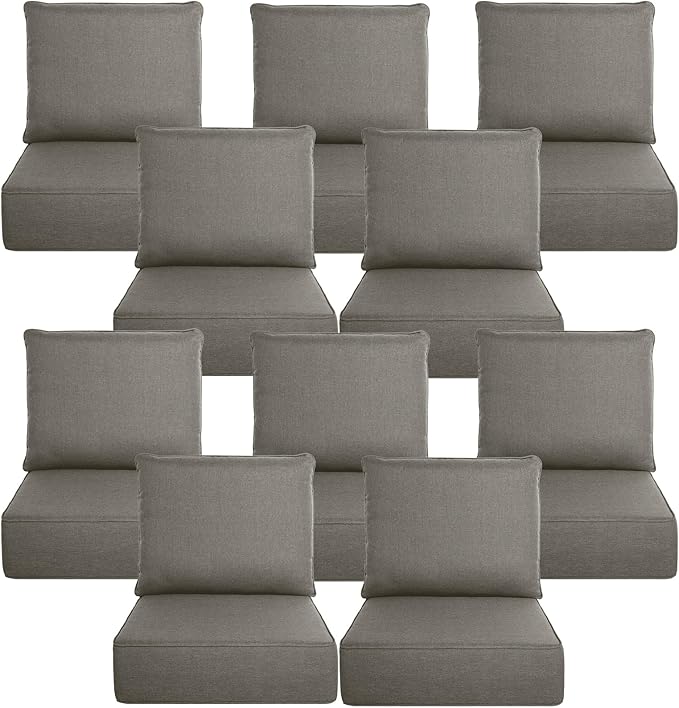 Belord Luxury 6" Thick Outdoor Cushion 10 Set - 22 x24 Inch 28D Sponge Filling Fade-Resistant Chair Cushion, Spill Proof Removable Patio Furniture Replacement Cushion for Sofa Bench Swing - Grey