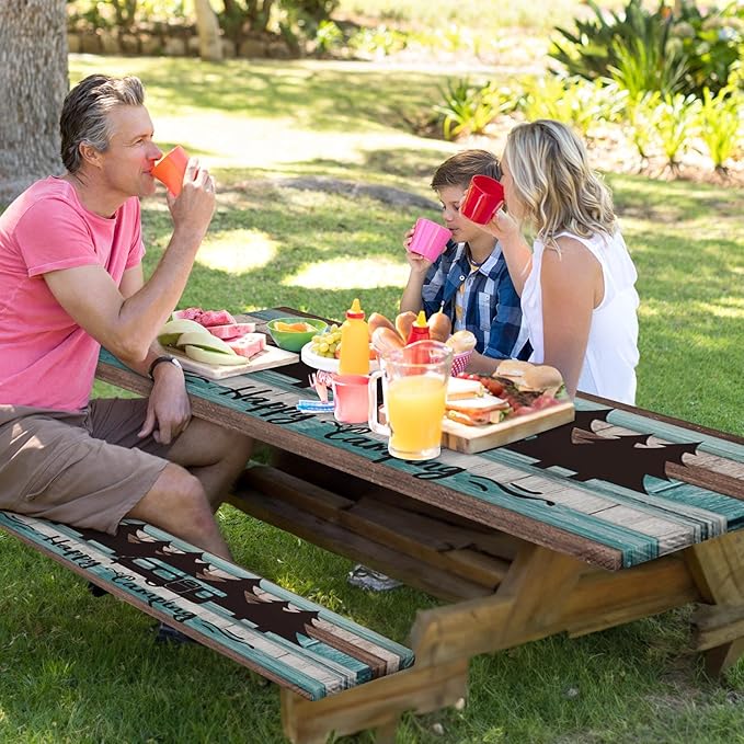 Picnic Table Cover with Bench Covers Elastic Edges, Teal Camper Fitted Table Cover, Outdoor Patio Camping Essentials 72 Inch 3PCS, Waterproof Camping Fitted Tablecloth with Drawstring Bag