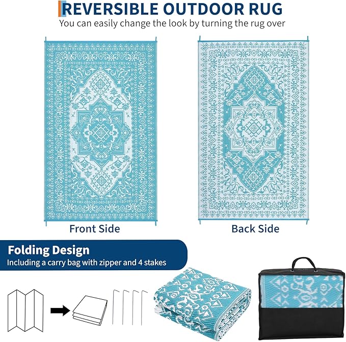 COZYLOOM Outdoor Plastic Straw Rug 8x10 Outdoor Rug Waterproof Reversible Large Vintage Medallion Patio Rugs Portable Area Rug for Deck, Balcony, Camping, Beach RV Porch, Picnic