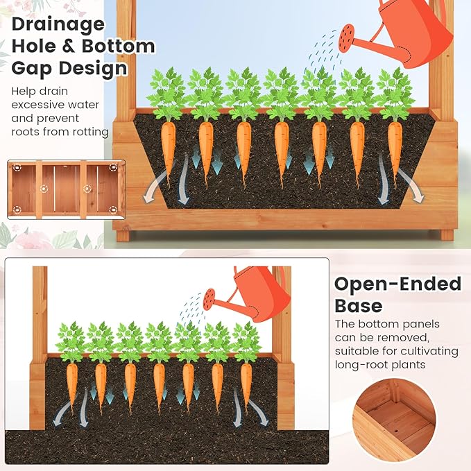 S AFSTAR 72-Inch Raised Garden Bed with Arch Trellis, Hanging Roof & Drainage Holes, Vertical Plant Container for Vine Climbing Plant Flower, Indoor Outdoor Wood Elevated Planter Box for Garden Patio