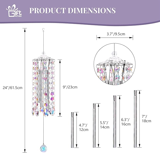 Crystal Suncatcher Wind Chimes with 4 Tuned Tubes, Hanging Prism Rainbow Maker Chandelier Crystal Pendant Wind Chime Window Hanging Ornament Gift for Women Friends Home Garden Decor Birthday