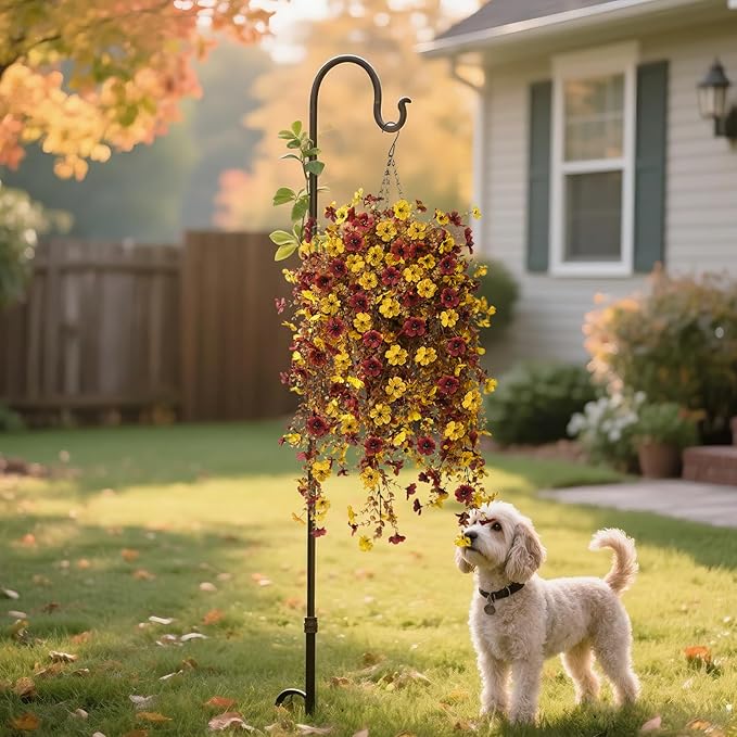 Fall Artificial Faux Mums Hanging Flowers Plants Basket for Outdoor Decoration,Fake Silk Daisy planters UV Resistant Look Real for Home Porch Patio Balcony Yard Autumn Decor (Yellow Brown)