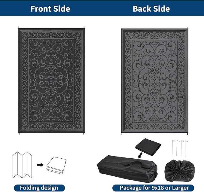 MilleLoomi Waterproof Plastic Straw Outdoor Rug 9x18 Patio Reversible UV Resistant Foldable Camping Carpet Vintage Large Outdoor Rugs for Deck, Picnic, Porch, Camper, Balcony, Beach，Black Grey