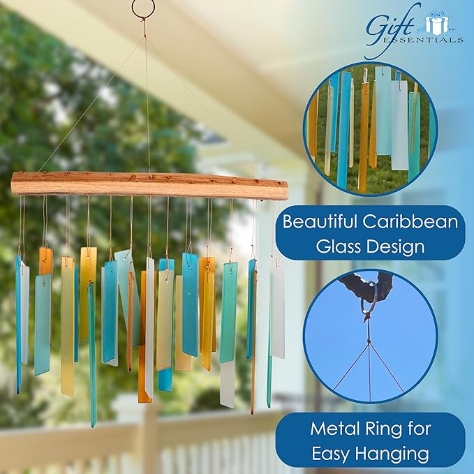 Blue Handworks Caribbean Beach Glass and Driftwood Chime - Sandblasted Glass and Found Wood Hand Crafted Wind Chime