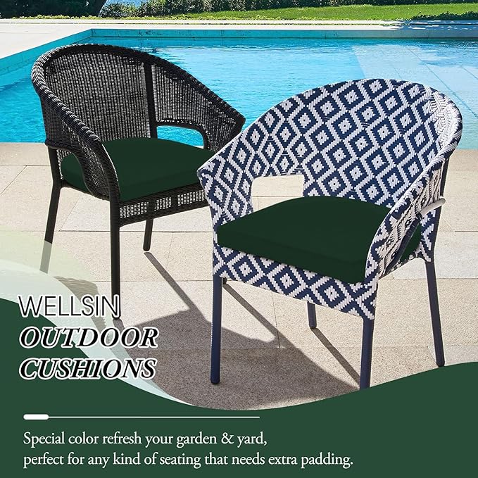 Wellsin Outdoor Chair Cushions for Patio Furniture, 3-Year Color Fastness Patio Chair Cushions Set of 2, Water Resistant Round Corner Outdoor Seat Cushions 17"X16"X2", Forest Green