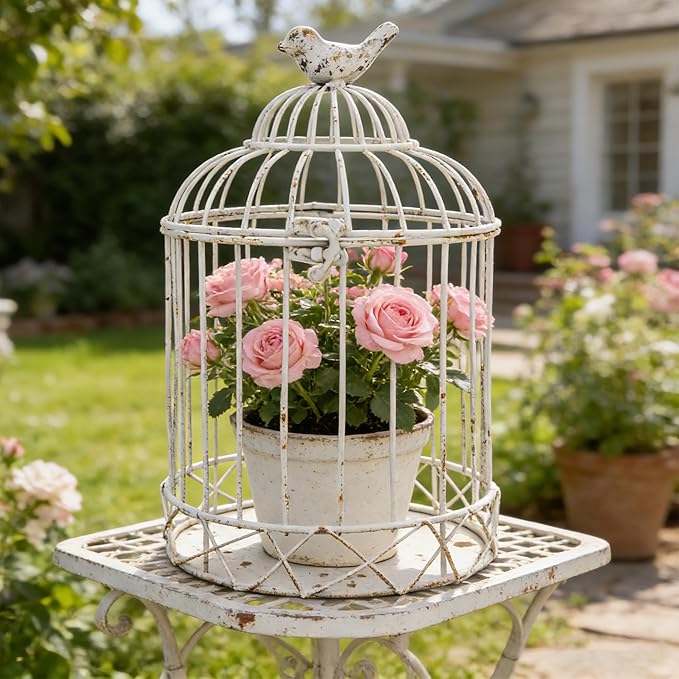 Vintage Birdcage Planter, 11.8" H Rustic Farmhouse Metal Plant Holder, Distressed White Decorative Candle Holder for Wedding Centerpieces, Garden Patio Indoor Outdoor Home Decor