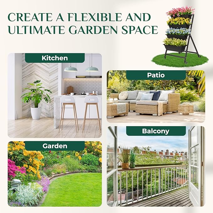 IDZO 4-Tier Vertical Raised Garden Bed with 4 Lockable Caster Wheels, Sturdy Steel Vertical Garden Planter with Efficient Drainage Tray, Ergonomic Ladder Planter with Included Garden Tools, Black