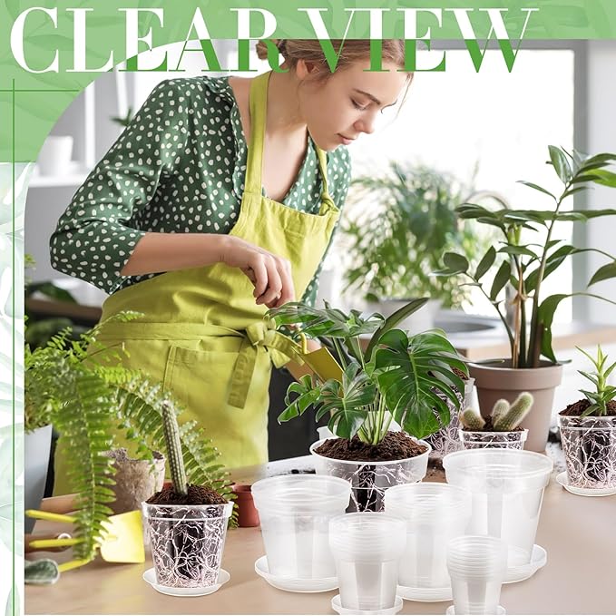 Vesici 24 Sets 4/5/6/7/8/9 Inch Clear Nursery Pots with Saucer Pack Variety Plastic Clear Plant Pots with Tray Drainage Hole for Indoor Plants Flowers Garden