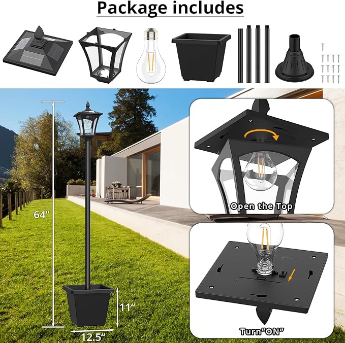 64 Inch Solar Lamp Post Light with Planter, 60 High Lumens Street Light, Solar Post Lights Waterproof for Garden, Pathway, Lawn, Driveway, Front Back Door Outdoor Pole Lamp（Warm）