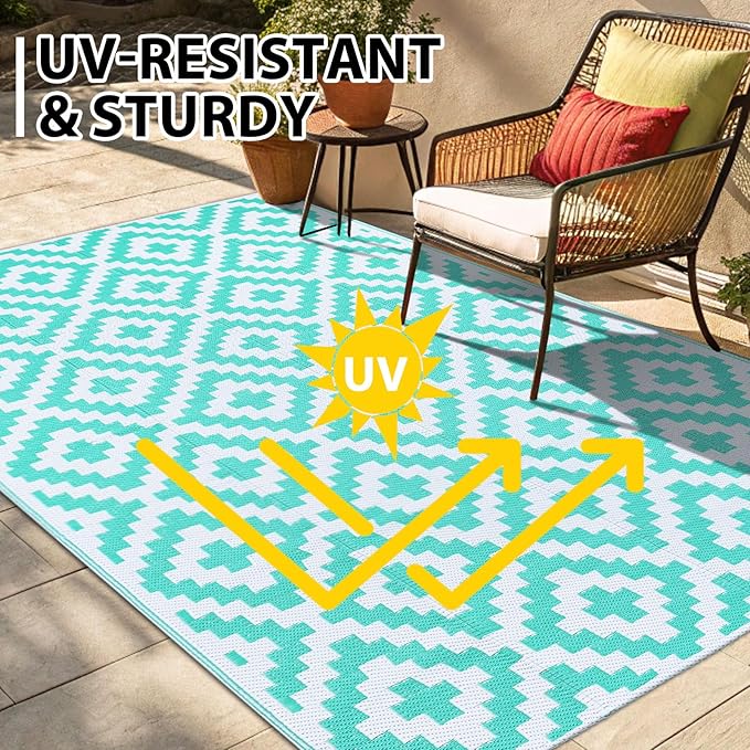 Smiry Waterproof Outdoor Rug 5x8 ft, Reversible Plastic Straw Patio Camping Rugs, Outdoor Indoor RV Mat Carpet for Patio, Outside Entry, Backyard, Deck, Bench, Picnic, Camper, White & Teal