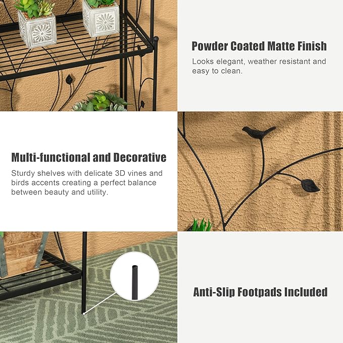glitzhome Plant Stand Metal Rack 3 Tier Flower Pot Organizer Multiple Holder Shelf for Indoor Outdoor Garden, Black