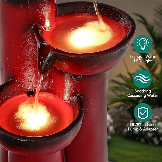 27" Outdoor Water Fountain with LED Lights, 3-Tier Cascading Faux Ceramic Column Water Feature with Pump for Garden Patio Backyard, Weather-Resistant Resin Waterfall for Serene Oasis, Red