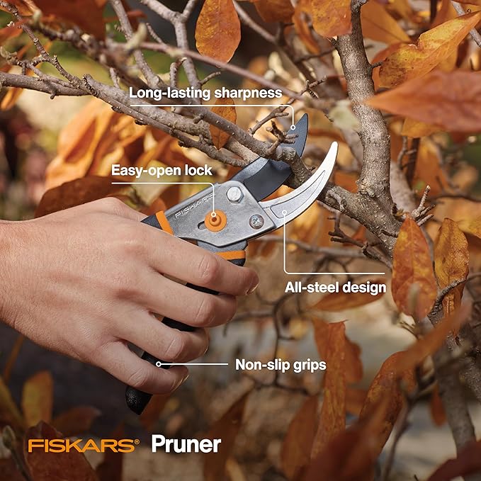 Fiskars Potting 4-Piece Essentials Set, Bypass Pruner, Trowel, Cultivator & L/XL Gloves for Indoor Gardening, Precision-Ground Steel Blades with Self-Cleaning Sap Groove, Rust-Proof FiberComp