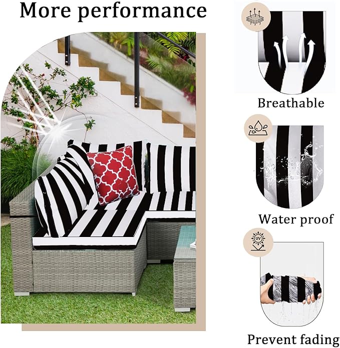 14 Pieces Outdoor Sectional Replacement Cushions for Patio Furniture, 4in Thick Outdoor Sofa Cushions for 6 Seat, Waterproof Deep Seat Couch Patio Cushions Set (Black and White)