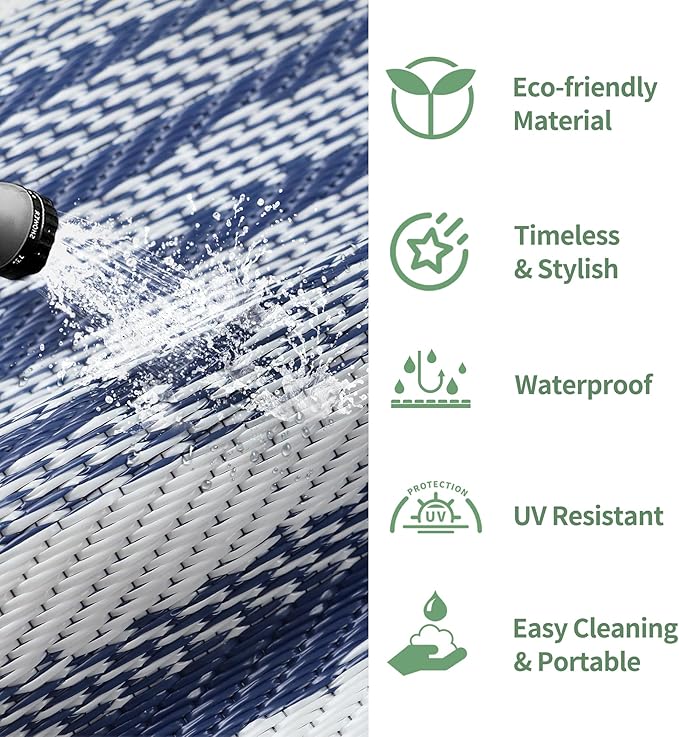 GENIMO Outdoor Rug for Patio Clearance, 9'x12' Waterproof Camping Mat, Reversible Plastic Straw Rugs for RV, Camper, Balcony, Backyard, Picnic, Deck (Blue White)