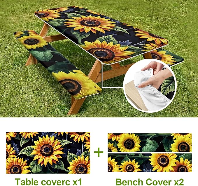 Sunflower Field Picnic Table Cover with Bench Covers Set of 3 - Bright Yellow Sunflowers Full Print, Elastic Fitted Tablecloth for 6 Ft Tables, Washable Polyester Cover for Garden, Indoor & Outdoor