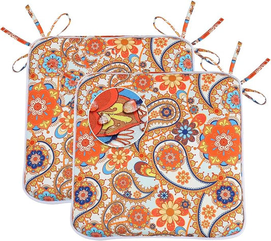 GUEGLSA Outdoor Indoor Waterproof Seat Cushions,16x16 Inches Patio Chair Cushion with Ties,Machine Washable Seat Pad for Home Garden Kitchen Dining Office Chair,Set of 2, Orange Paisley