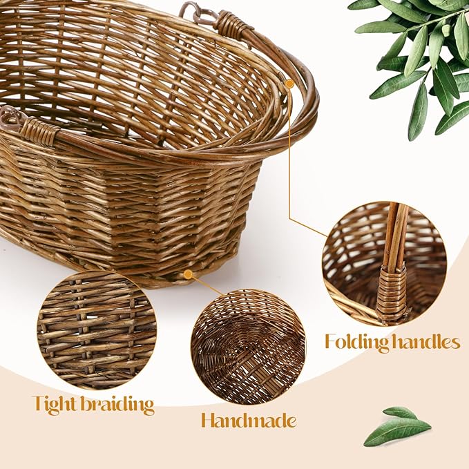Barydat 6 Pcs Small Wicker Picnic Basket with Handle Flower Girl Baskets Oval Willow Woven Braided Gift Basket for Easter Weddings Baby Shower Home Garden Decor (Brown,12'' x 9'' x 5'')