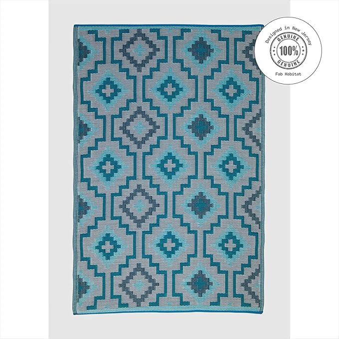 Fab Habitat Outdoor Rug - Waterproof, Fade Resistant, Crease-Free - Premium Recycled Plastic - Vintage Boho Kilim - Patio, Porch, Deck, Balcony - Lhasa - Teal - 5 x 8 ft