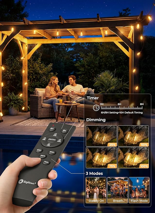Brightown 37FT Solar String Lights Outdoor Waterproof, Patio Lights with Remote and 10+1 LED Shatterproof Bulbs, Dimmable & Timable, 3 Light Modes, Solar Lights Outdoor for Yard Camping Party Outside