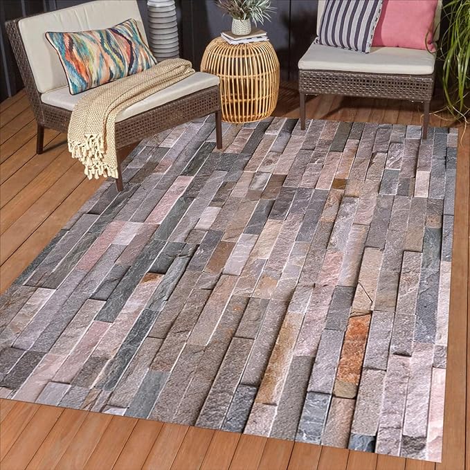 Retro Brown Grey Stone Wall Texture 6x8 Outdoor Area Rugs for Deck Porch Balcony Garden Patio Waterproof Washable Rock Stones Pattern Outside Carpet Yard Pool Foldable Durable Large Rugs Runner Mat