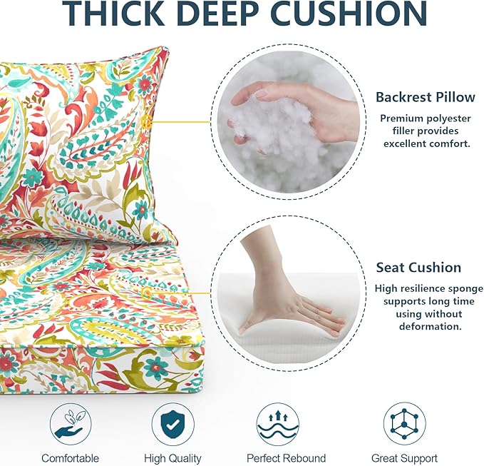 Outdoor Deep Seat Cushion Set, Water Repellent 22"x22" Patio Thick Cushions Replacement with Seat & Back Pillow for Patio Sofa, Wicker Chair, Couch - Pretty Paisley