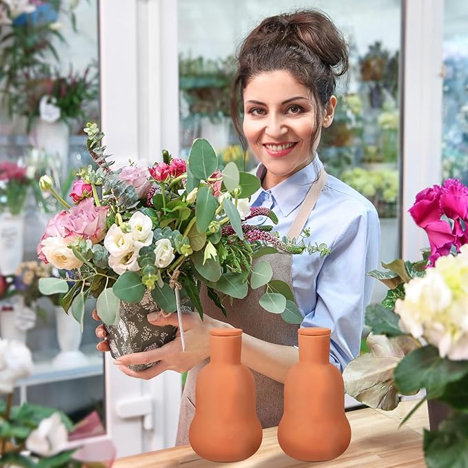 2 Pcs Olla Terracotta Watering Pot with Lid Large15 oz Terra Cotta Self Watering Pots for Indoor Outdoor Plants Self Irrigate Spikes Ceramic Plant Waterer Set (Cute)