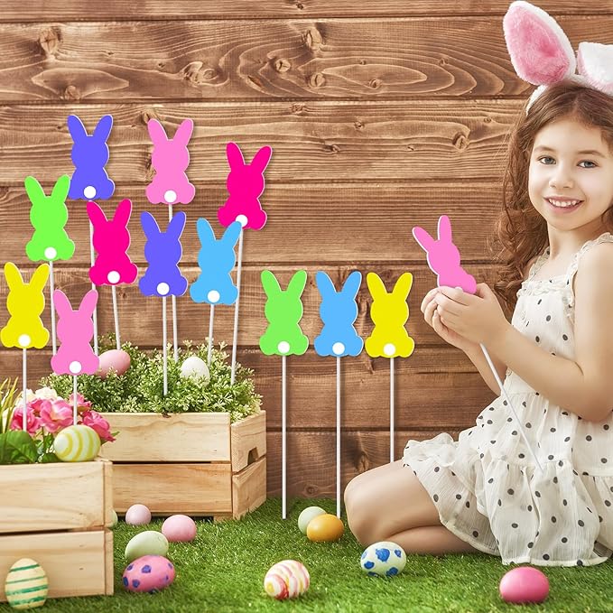9 Pcs Easter Bunny Planter Stakes Metal Bunny Planter Stakes Outdoor Decorations for Plant Pot Yard Decor Easter Party Decorations Supplies Prop Spring Lawn Decor