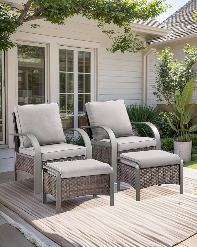 HUMMUH Outdoor Wicker Chairs Set of 2-All Weather Rattan Wicker Patio Chairs with Ottoman Small Outdoor Furniture Set for Deck Porch Garden Poolside Backyard-Brown/Grey