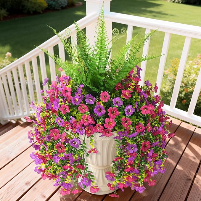 Artificial Fake Hanging Flowers for Outdoors, Silk Daisy with Articial Boston Ferns Plants Set, Realistic Spring Fake Outdoor Flowers UV Resistant Porch Patio Yard Decor
