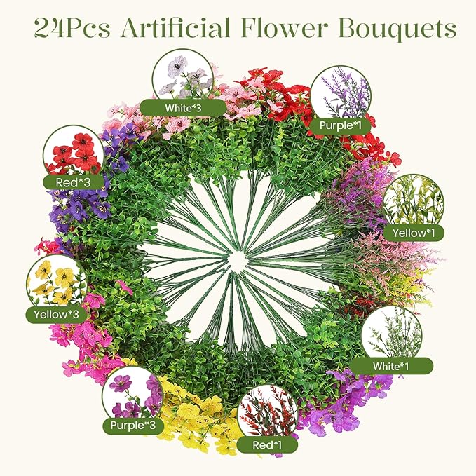SHareconn 24 Bundles Artificial Flowers for Outdoors Decoration, Faux Plants Fake Silk Colorful Daisy Eucalyptus Lavender, UV Resistant for Outside Home Porch Indoor Spring Decor, RedPurpleYellowWhite
