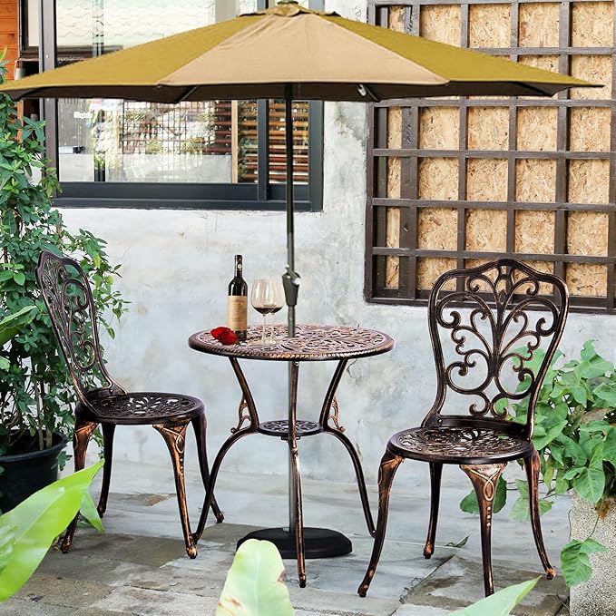 Outvita Patio Table and Chairs Set, Cast Aluminum Outdoor Cafe Table and Chairs Set of 3, Stability Patio Bistro Sets with Umbrella Hole for Garden, Patio, Balcony, Butterfly Pattern Bronze