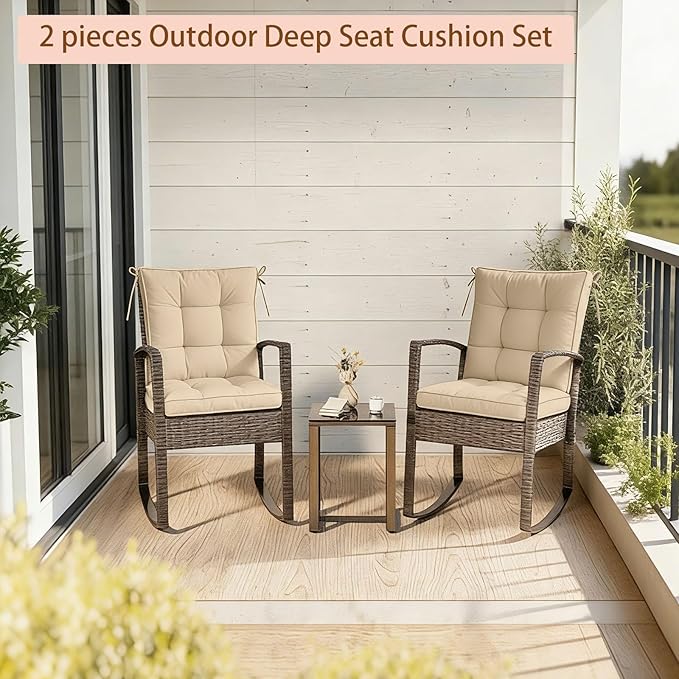 2 Piece Outdoor Patio Chair Cushions, Fade Resistant Outdoor Cushions for Patio Furniture, 6 inch Thickened Rocking Chair Cushions Set (Khaki, 24x24x6 inch - 2 Pieces)